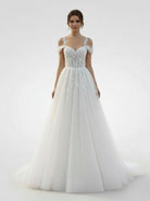 Elodika | A - Line Off - The - Shoulder Tulle Wedding Dresses With Appliques Lace - KissProm