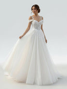 Elodika | A - Line Off - The - Shoulder Tulle Wedding Dresses With Appliques Lace - KissProm