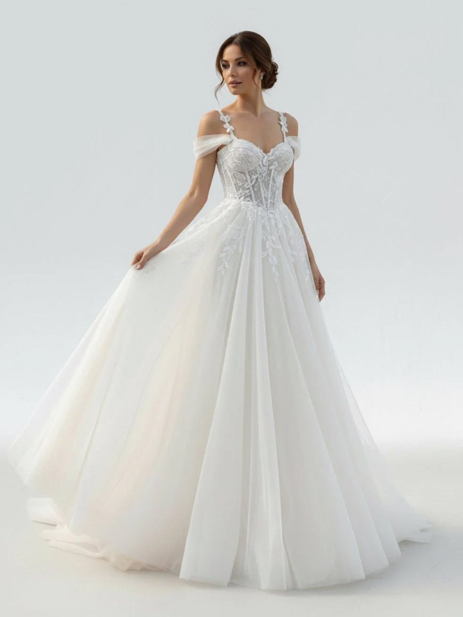 Elodika | A - Line Off - The - Shoulder Tulle Wedding Dresses With Appliques Lace - KissProm