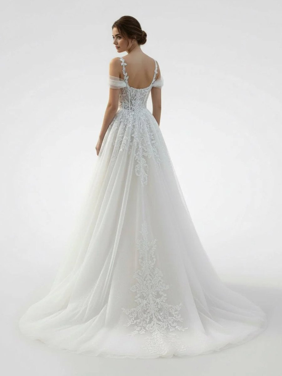 Elodika | A - Line Off - The - Shoulder Tulle Wedding Dresses With Appliques Lace - KissProm