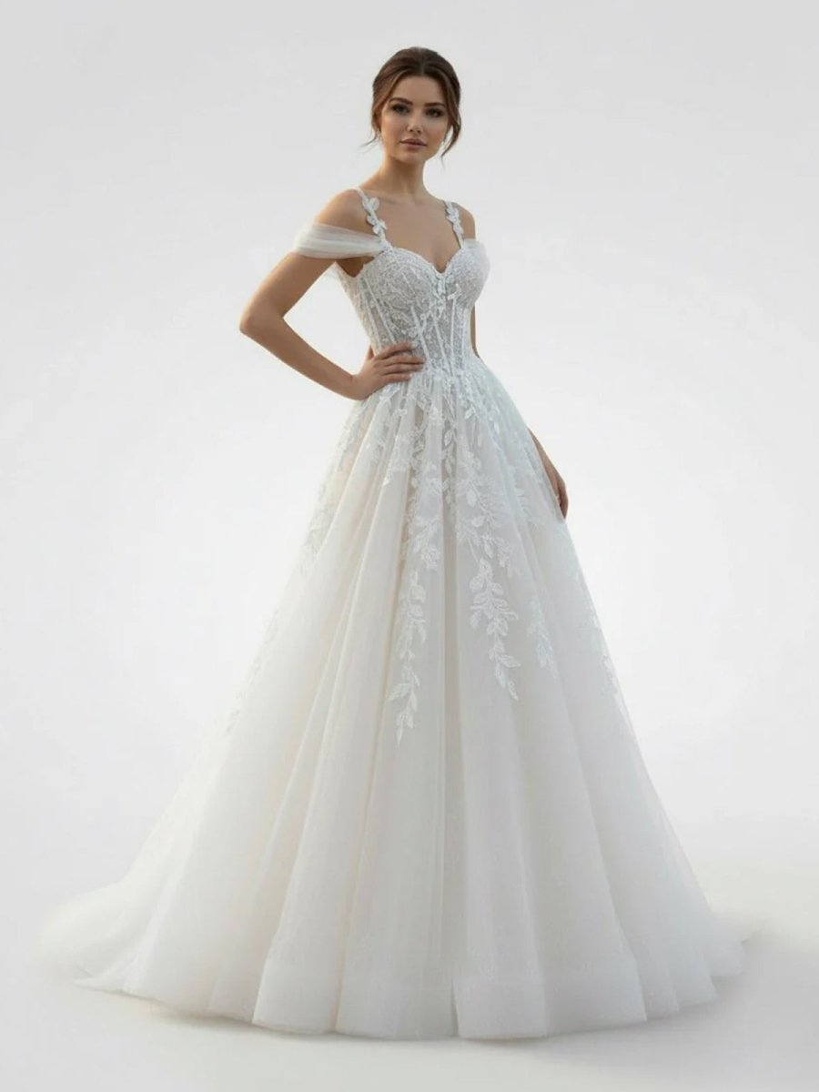 Elodika | A - Line Off - The - Shoulder Tulle Wedding Dresses With Appliques Lace - KissProm