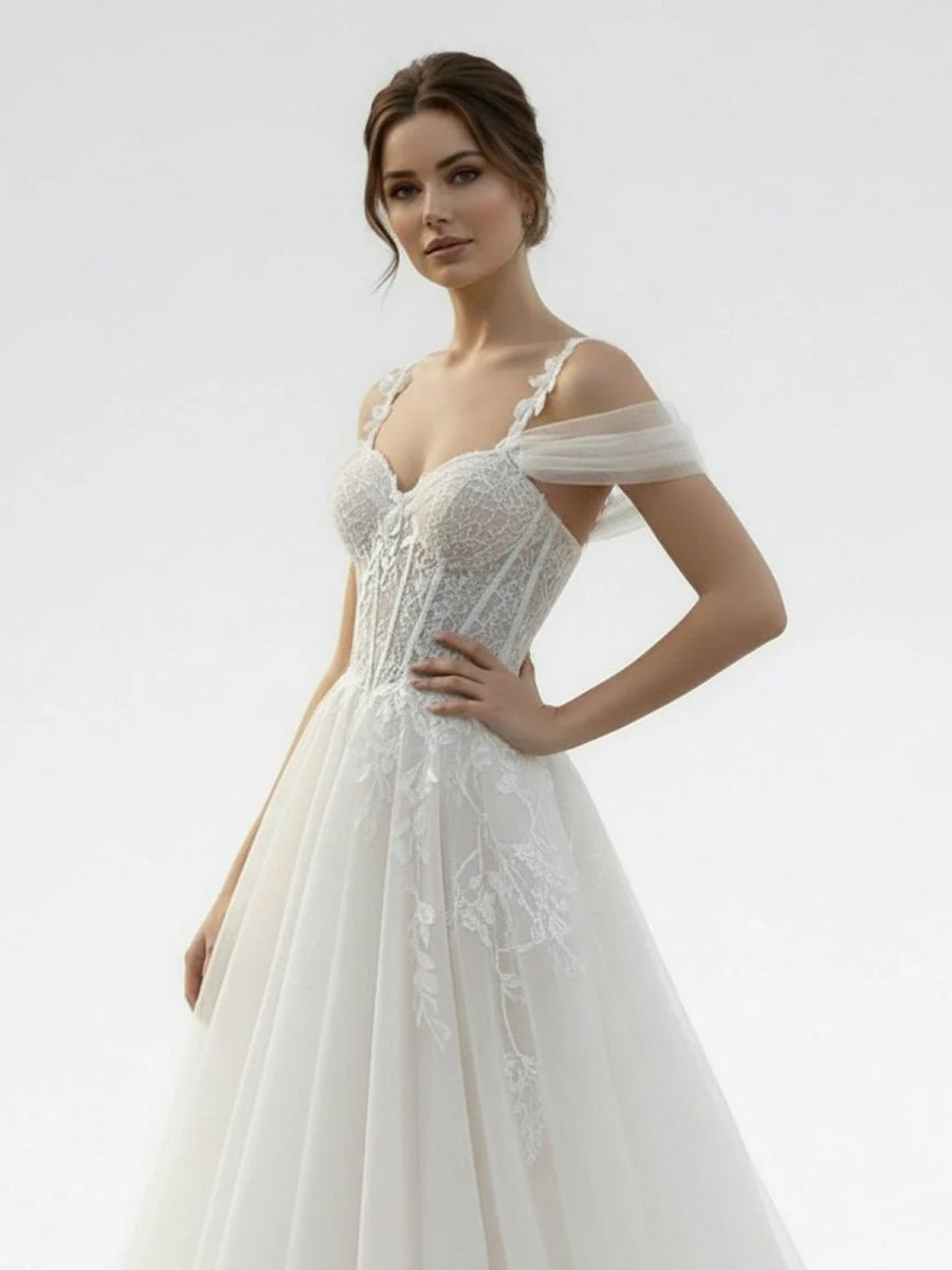 Elodika | A - Line Off - The - Shoulder Tulle Wedding Dresses With Appliques Lace - KissProm