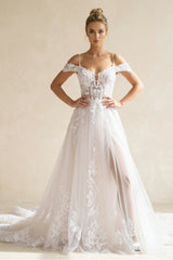 Kelly | A-Line Off The Shoulder Wedding Dress With Appliques And Slit – Wedding Dresses by KissProm | Available at KissProm