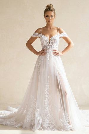 Kelly | A-Line Off The Shoulder Wedding Dress With Appliques And Slit – Wedding Dresses by KissProm | Available at KissProm