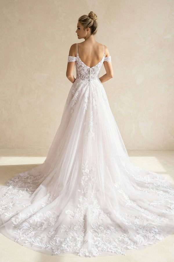 Kelly | A-Line Off The Shoulder Wedding Dress With Appliques And Slit – Wedding Dresses by KissProm | Available at KissProm