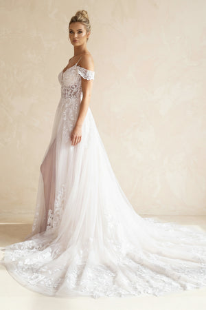 Kelly | A-Line Off The Shoulder Wedding Dress With Appliques And Slit – Wedding Dresses by KissProm | Available at KissProm