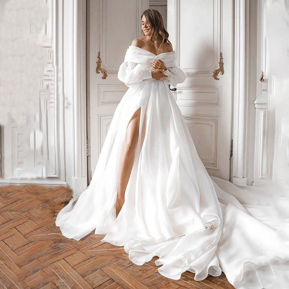 A-Line Off the Shoulder White Wedding Dress with Slit – KissProm