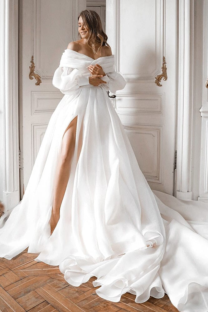 A-Line Off the Shoulder White Wedding Dress with Slit, Diamond White / 2 A-Line Off the Shoulder White Wedding Dress with Slit, Diamond White / 2