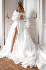 A-Line Off the Shoulder White Wedding Dress with Slit