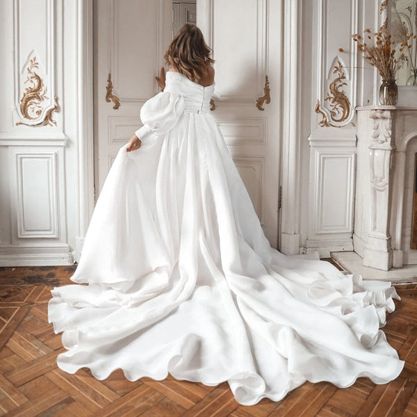 A-Line Off the Shoulder White Wedding Dress with Slit