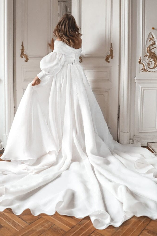 A-Line Off the Shoulder White Wedding Dress with Slit