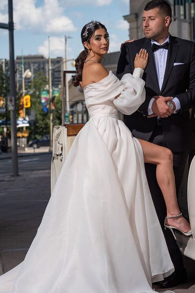 A-Line Off the Shoulder White Wedding Dress with Slit A-Line Off the Shoulder White Wedding Dress with Slit