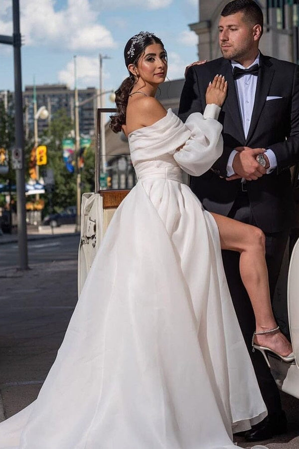 A-Line Off the Shoulder White Wedding Dress with Slit