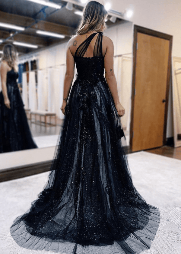 A Line One Shoulder Black Long Prom Dress with Appliques Black / 10 A Line One Shoulder Black Long Prom Dress with Appliques Black / 10