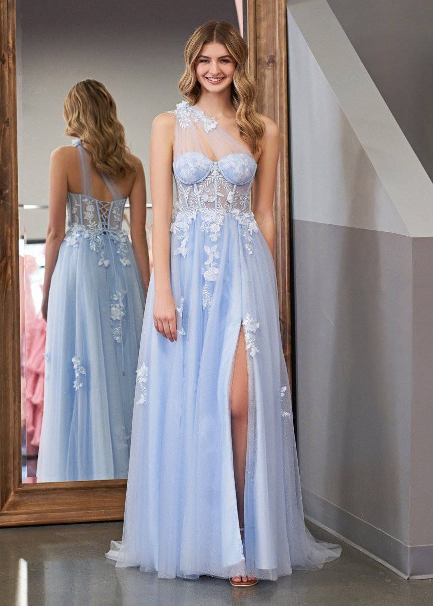 A Line One Shoulder Black Long Prom Dress with Appliques