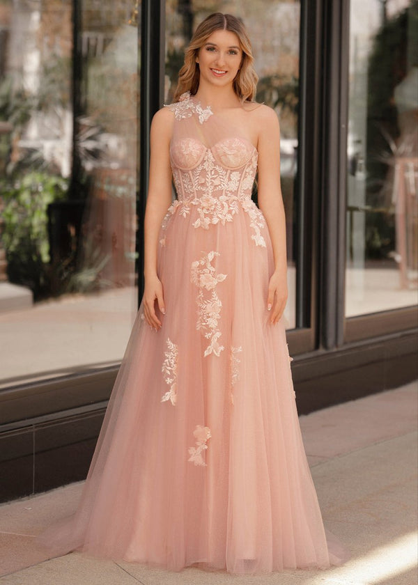 black and pink prom dress A Line One Shoulder Black Long Prom Dress with Appliques, Black / 10