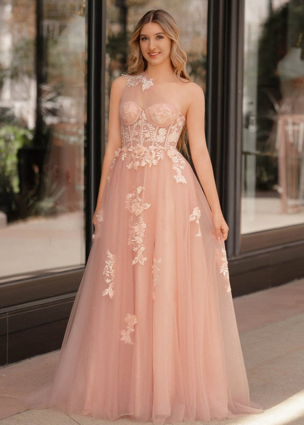 A Line One Shoulder Black Long Prom Dress with Appliques Pink / 14 A Line One Shoulder Black Long Prom Dress with Appliques Pink / 14
