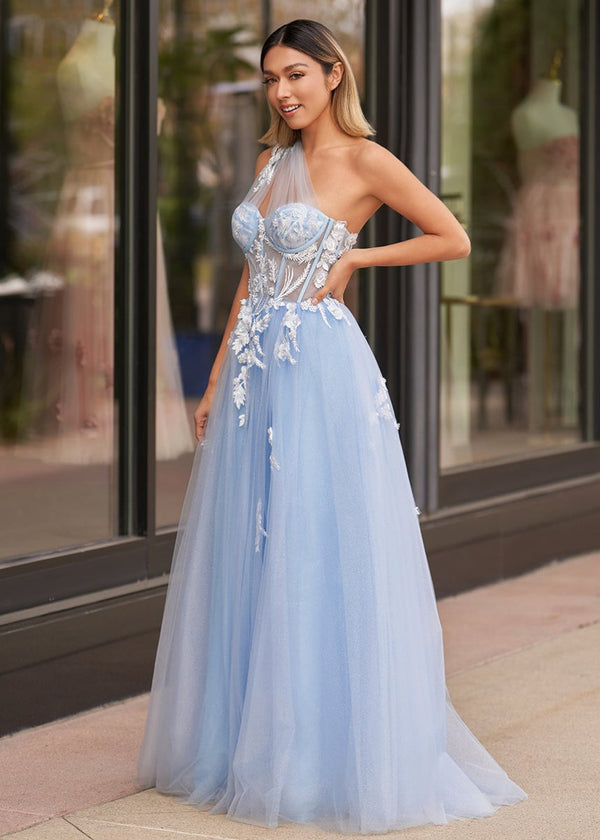 A Line One Shoulder Black Long Prom Dress with Appliques A Line One Shoulder Black Long Prom Dress with Appliques
