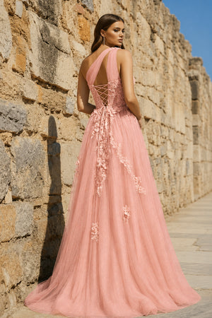 A Line One Shoulder Blush Pink Long Prom Dress with Appliques – Prom Dress by KissProm | Available at KissProm