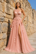 A Line One Shoulder Blush Pink Long Prom Dress with Appliques – Prom Dress by KissProm | Available at KissProm