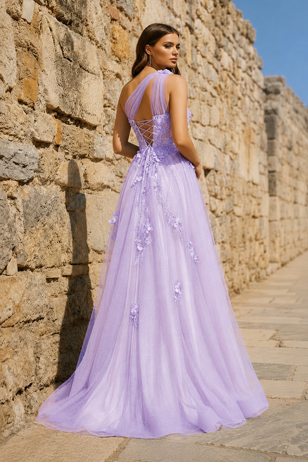 A Line One Shoulder Lavender Long Prom Dress with Appliques – Prom Dress by KissProm | Available at KissProm