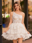 White A Line One Shoulder Navy Tiered Lace Short Homecoming Dress - KISSPROM
