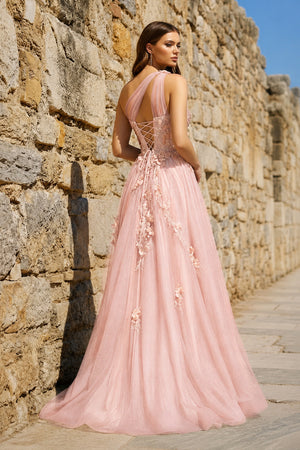 A Line One Shoulder Pink Long Prom Dress with Appliques – Prom Dress by KissProm | Available at KissProm