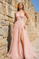 A Line One Shoulder Pink Long Prom Dress with Appliques – Prom Dress by KissProm | Available at KissProm