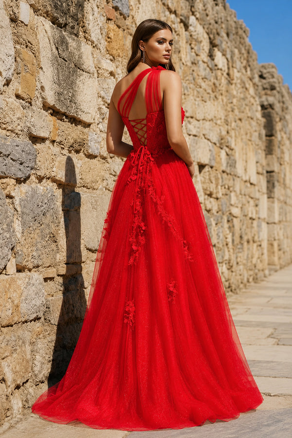 A Line One Shoulder Red Long Prom Dress with Appliques – Prom Dress by KissProm | Available at KissProm