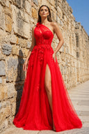 A Line One Shoulder Red Long Prom Dress with Appliques – Prom Dress by KissProm | Available at KissProm