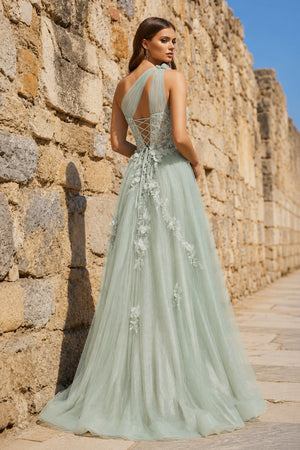 A Line One Shoulder Sage Green Long Prom Dress with Appliques – Prom Dress by KissProm | Available at KissProm