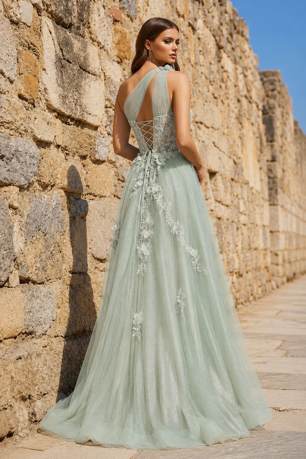 A Line One Shoulder Sage Green Long Prom Dress with Appliques – Prom Dress by KissProm | Available at KissProm