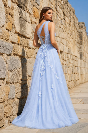 A Line One Shoulder Sky Blue Long Prom Dress with Appliques – Prom Dress by KissProm | Available at KissProm