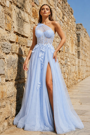 A Line One Shoulder Sky Blue Long Prom Dress with Appliques – Prom Dress by KissProm | Available at KissProm