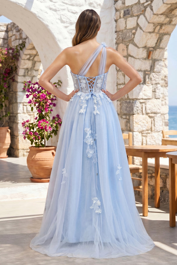 A Line One Shoulder Sky Blue Long Prom Dress with Appliques – Prom Dress by KissProm | Available at KissProm