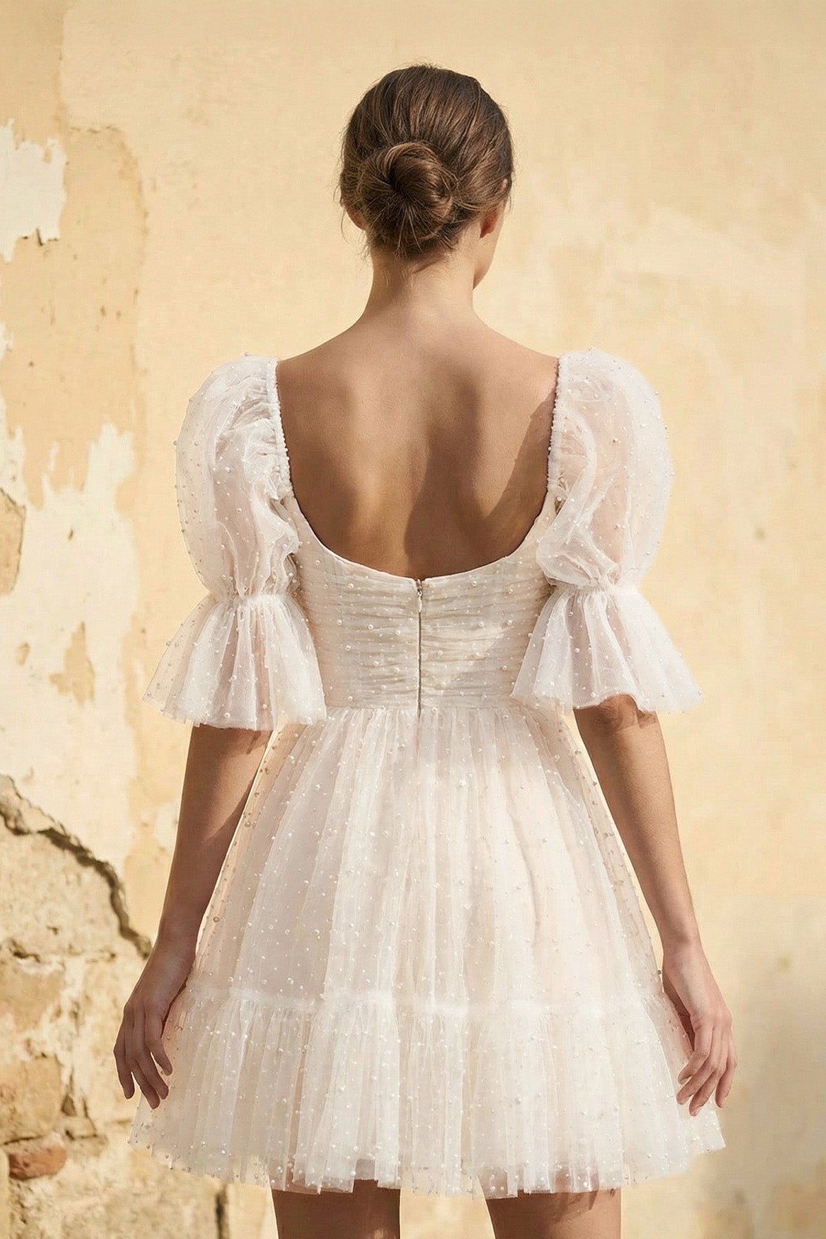 Pearl Short Reception Wedding Dresses With Bubble Sleeves Pearl Short Reception Wedding Dresses With Bubble Sleeves