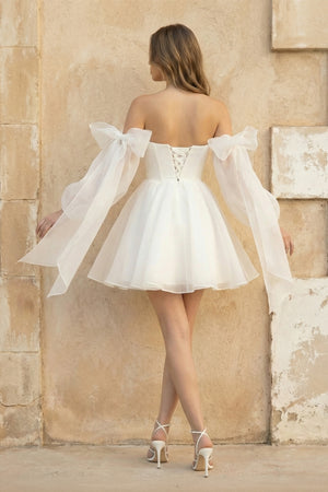 Ronnie | A - Line Puff Long Sleeves Short Wedding Dresses With Bows  – Wedding Dresses by KissProm | Available at KissProm