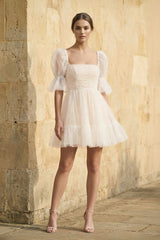 Pearl Short Reception Wedding Dresses With Bubble Sleeves