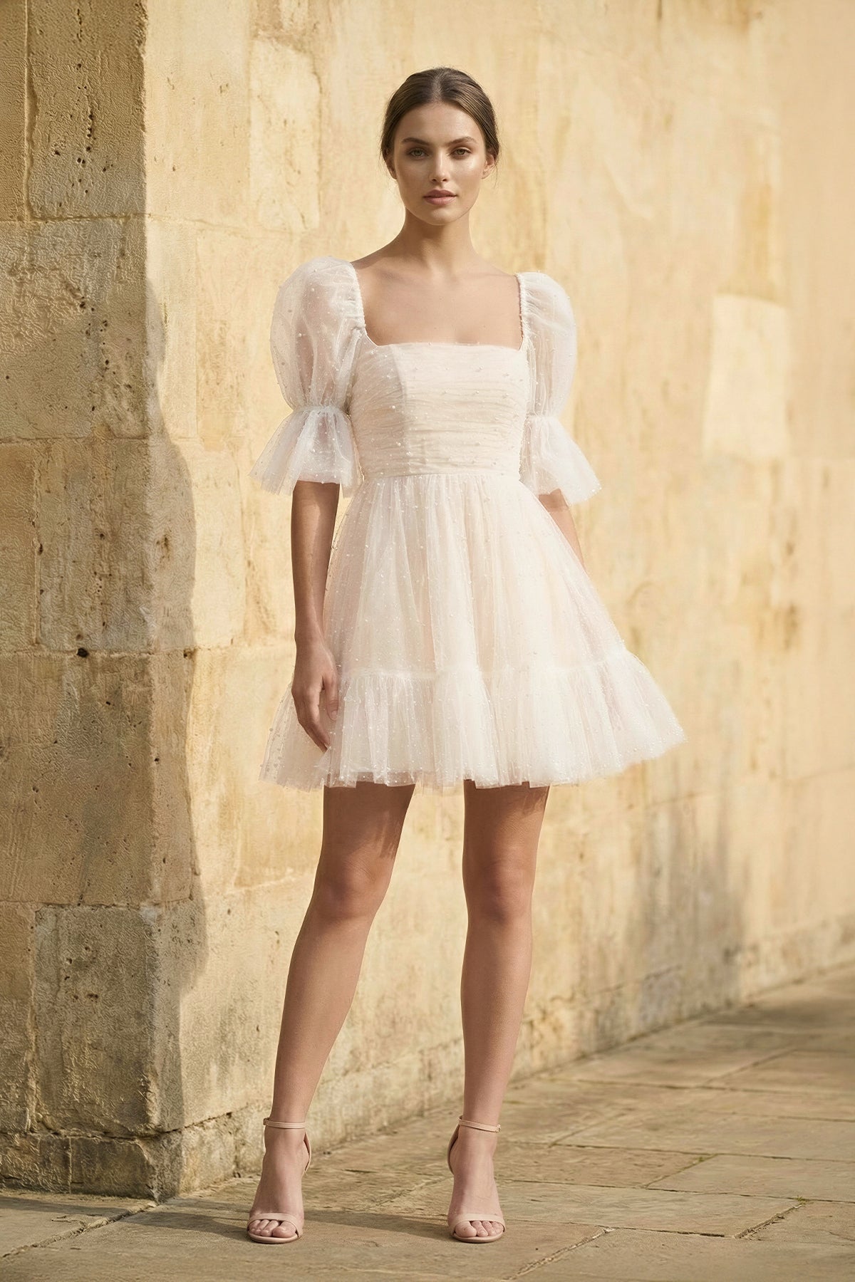 KissProm Pearl Short Reception Wedding Dresses With Bubble Sleeves, White-Nude / 8