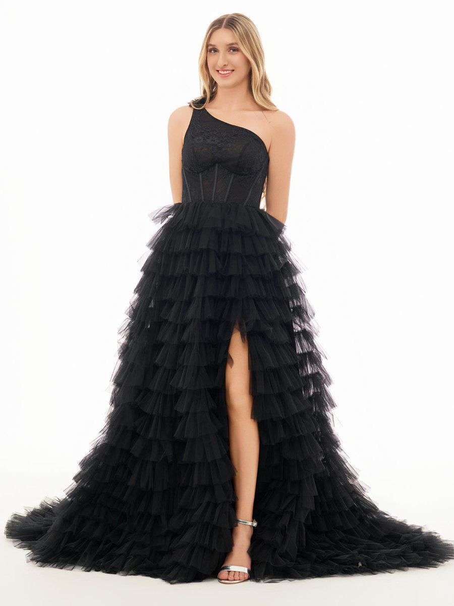 Kinsley | A Line One Shoulder Tiered Long Prom Dress