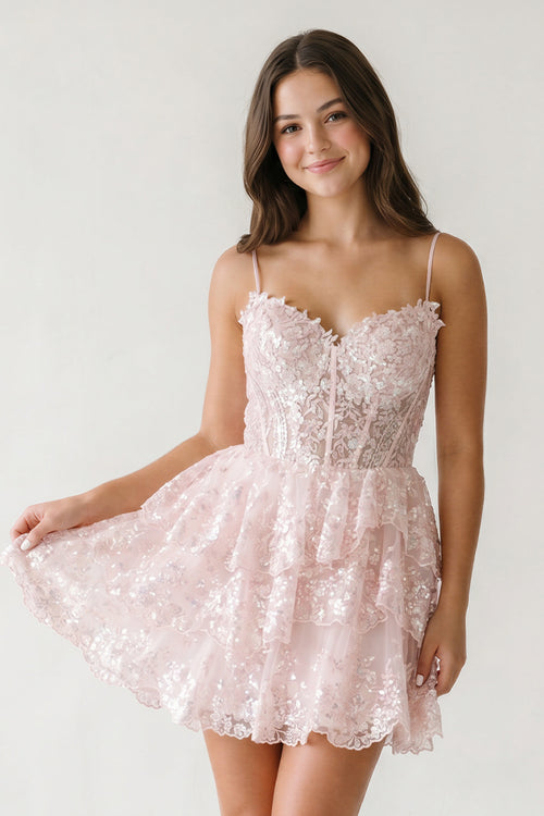 A- Line Pink Sequins Multi-Layers Short Homecoming Dress - KissProm