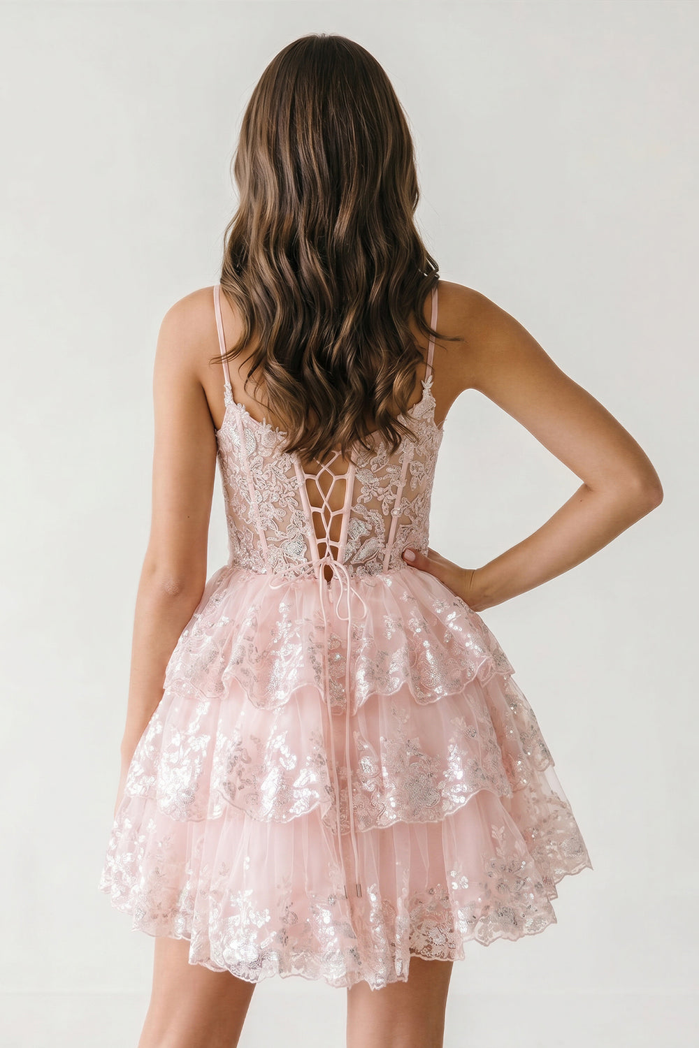 A- Line Pink Sequins Multi-Layers Short Homecoming Dress - KissProm