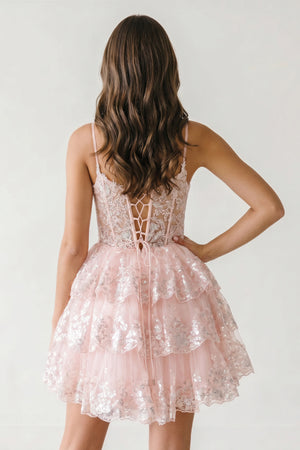 A- Line Pink Sequins Multi-Layers Short Homecoming Dress - KissProm