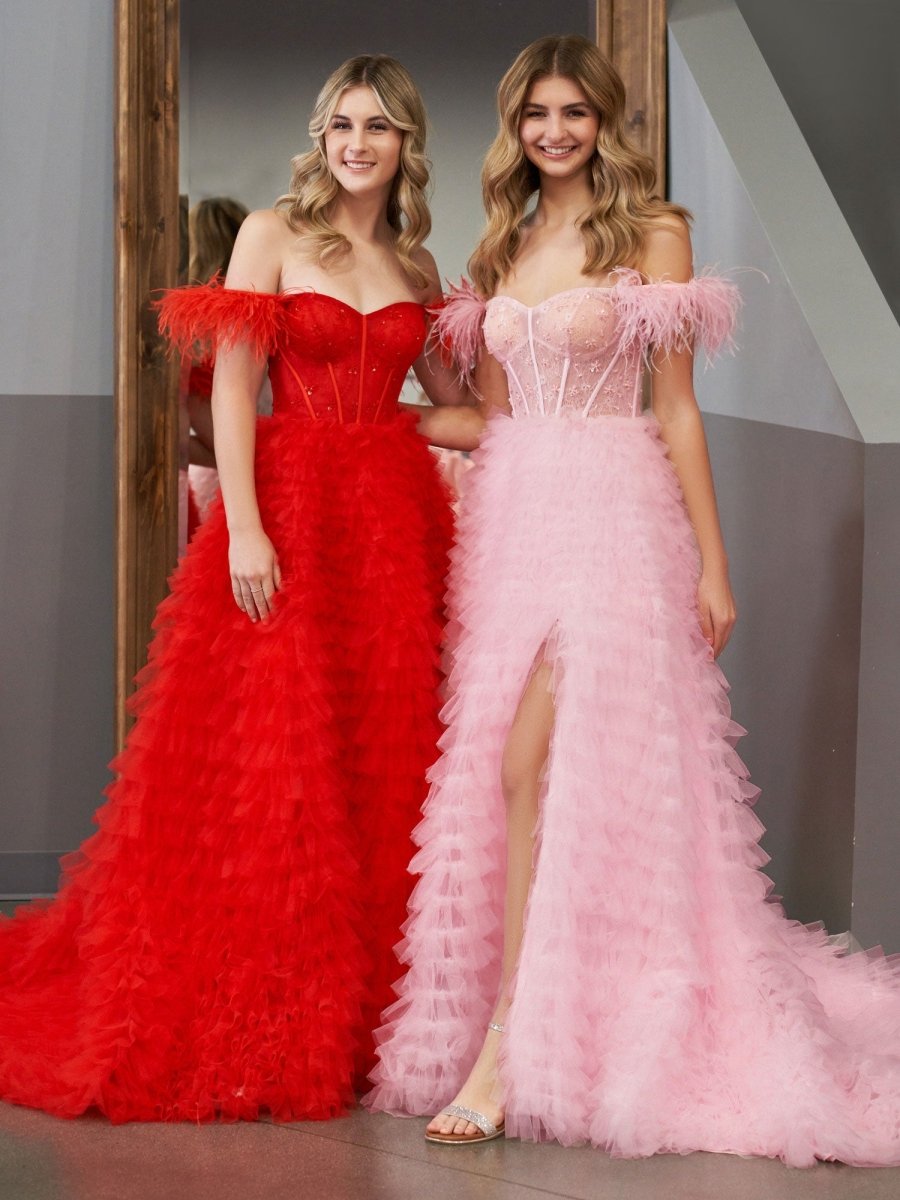 A Line Sweetheart Tiered Tulle Long Prom Dress With Slit, Red / 12 A Line Sweetheart Tiered Tulle Long Prom Dress With Slit, Red / 12