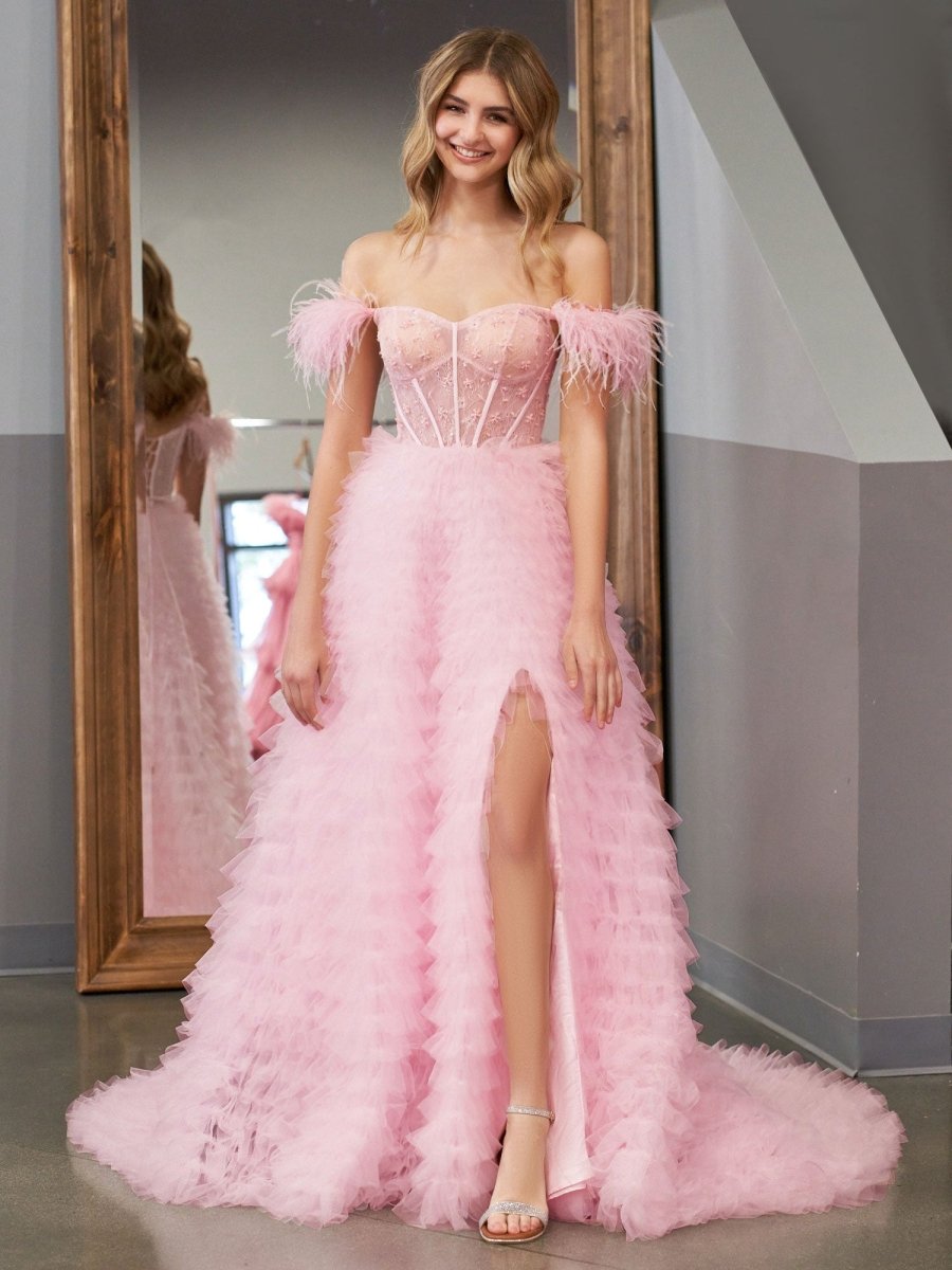 Ingrid Sky Blue A Line Sweetheart Tiered Tulle Long Prom Dress With Slit Ingrid Sky Blue A Line Sweetheart Tiered Tulle Long Prom Dress With Slit