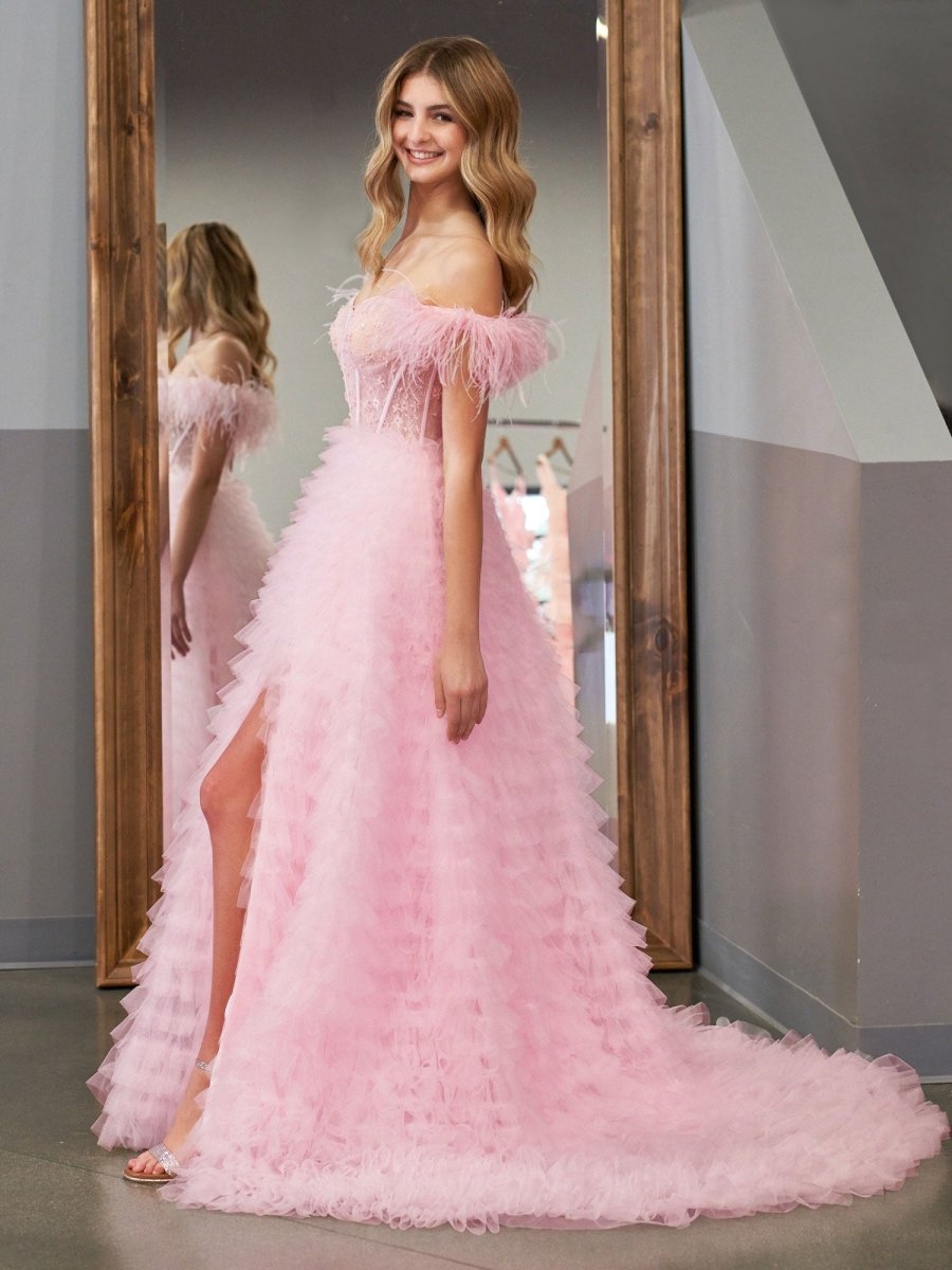 Ingrid Sky Blue A Line Sweetheart Tiered Tulle Long Prom Dress With Slit Ingrid Sky Blue A Line Sweetheart Tiered Tulle Long Prom Dress With Slit