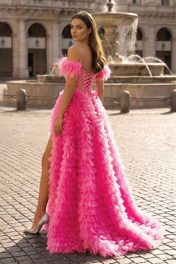 A Line Off the Shoulder Tiered Tulle Prom Dress With Slit - KissProm