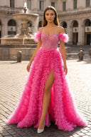 A Line Off the Shoulder Tiered Tulle Prom Dress With Slit - KissProm