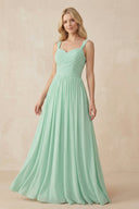 A-Line Pleated Long Chiffon Bridesmaid Dress in Pale Pistachio - KissProm BRIDESMAID DRESSES