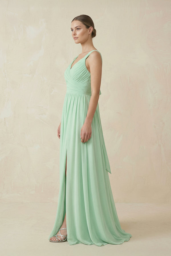A - Line Pleated Chiffon Long Bridesmaid Dress - KissProm Bridesmaid Dresses